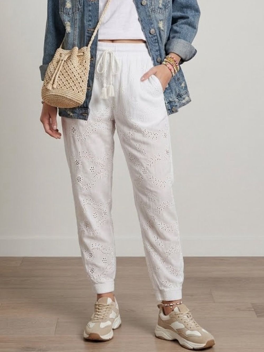 Young Fabulous & Broke White Eyelet Joggers Medium